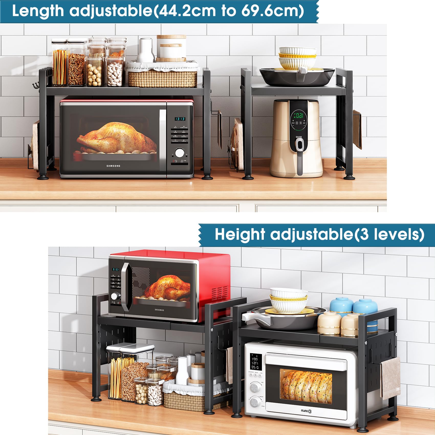 SAYZH Mikrowellen Regal, 2-stufiges Erweiterbares mikrowelle Regal Mikrowellenregal Organizer Küche mit 10 Haken, Flexibel Ausziehbar von 40-70cm, Stufiges Küchenregal mikrowellenständer, Schwarz 5