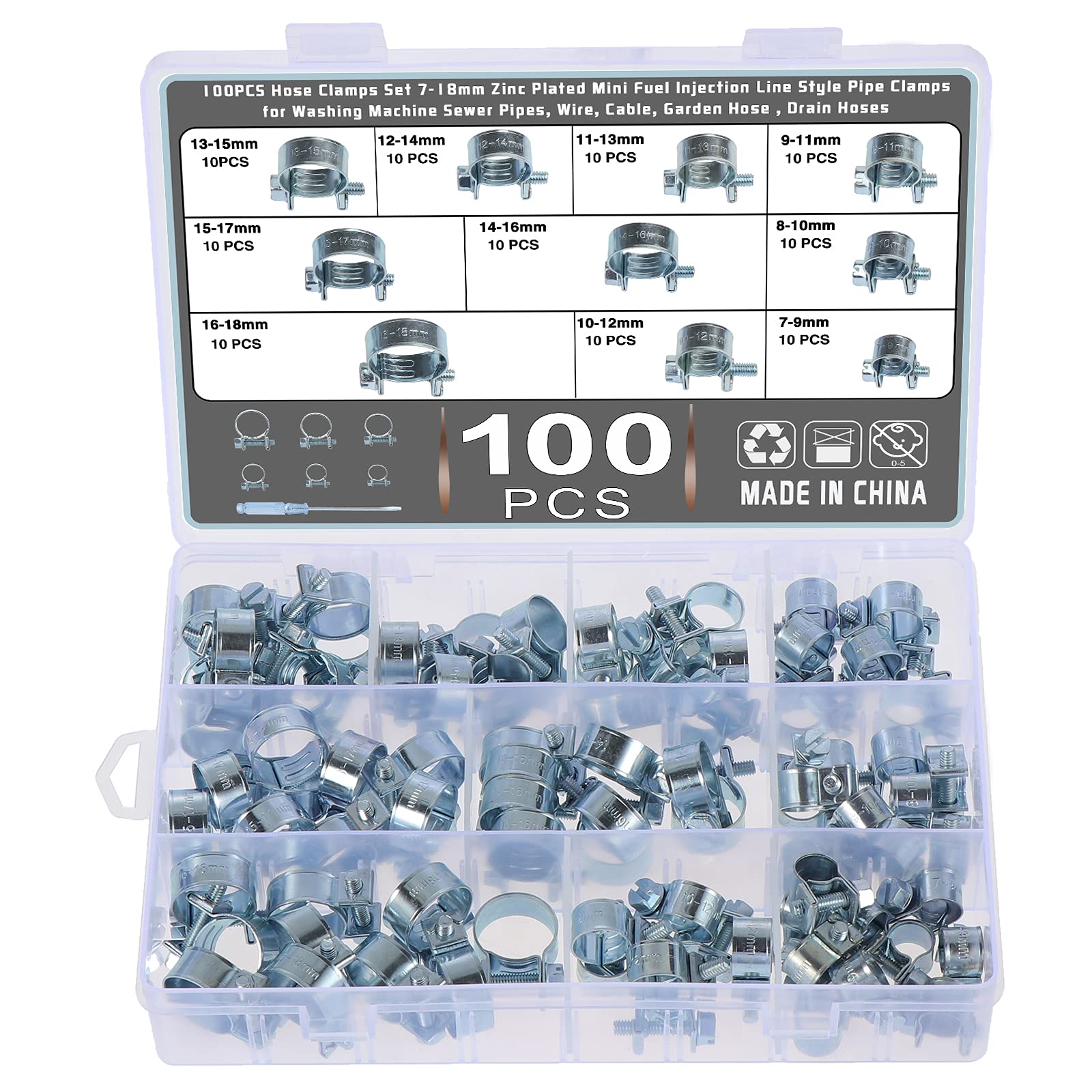 Knpwer 100PCS 10 Sizes Hose Clamps 7-18mm Zinc Plated Mini Fuel Injection Line Style Pipe Clamps for Wire,Cable,Garden Hose,Drain Hoses with Screwdriver