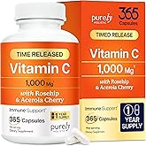 Vitamin C 1000mg, Immune Support, Timed-Release Capsules, 1 Year Supply | Vitamin C Supplement with Acerola Cherry &amp; Rose Hips, Daily Antioxidant &amp; Wellness Support, Vegan, Non-GMO, 365 Capsules
