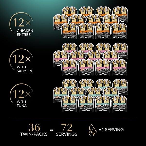 SHEBA PERFECT PORTIONS WET CAT FOOD CUTS IN GRAVY, ROASTED CHICKEN ENTREE, WITH SUSTAINABLE SALMON, AND WITH SUSTAINABLE TUNA, 2.6 OZ. TWIN-PACK TRAYS (18 COUNT, 36 SERVINGS) (PACK OF 2)