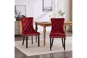 Muelartique Modern Velvet Upholstered Dining Chairs, Set of 2 High-Back Tufted Chairs with Nailhead Trim, Solid Wood Legs, 280lbs Capacity, for Dining Room, Living Room, Apartment (Burgundy)