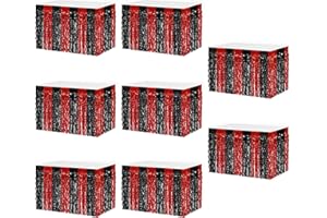 MZJU 8P Wavy Metallic Tinsel Foil Fringe Table Skirts for Rectangle Tables Backdrop Garland Curtains for Parade Floats Wedding Birthday Parties Decoration Halloween Christmas (Red Black)