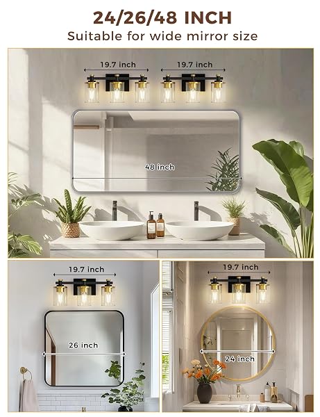 L LOHAS LED 3 LIGHT BATHROOM VANITY LIGHT, BLACK AND GOLD BATHROOM LIGHT FIXTURE OVER MIRROR, MODERN LIGHTING FIXTURES WITH CLEAR GLASS SHADE, VINTAGE VANITY LIGHTS FOR BATHROOM MIRROR HALLWAY, ETL