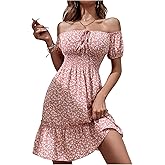 SweatyRocks Women's Off Shoulder Floral Dresses Ruffle A Line Smocked Vacation Boho Mini Dress