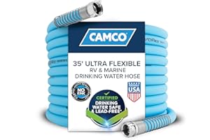 Camco EVOFlex 35-Ft RV Drinking Water Hose - Features Extra Flexible Design w/Stainless Steel Strain Relief Ends - Lead-Free, BPA-Free and Phthalate-Free - 5/8” Inside Diameter (22595)