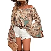 WDIRARA Women's Paisley Print Off Shoulder Trumpet Sleeve Blouse Long Sleeve Loose Fit Top