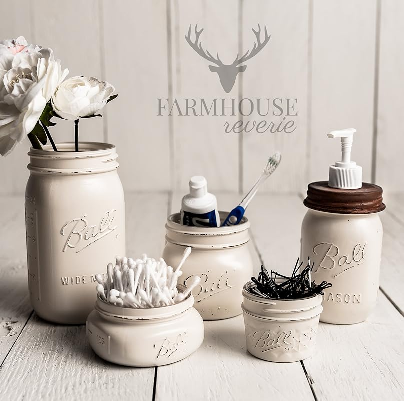 White Mason Jar Bathroom Set White Bathroom Storage Set Farmhouse Bathroom Decor