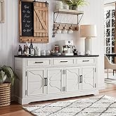 JXQTLINGMU 66" Farmhouse Buffet Cabinet with Storage, Sideboard Credenza, Carved Cloud-Inspired Doors, 3 Drawers &amp; Adjustable Shelves, Coffee Bar Cabinet, Off White