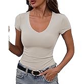 GEMBERA Womens' Stretchy V Neck Short Sleeve Form Fitted Casual Basic Top T-Shirts