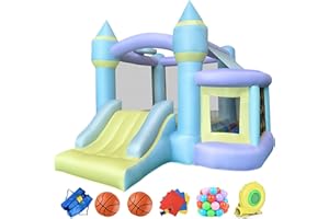 RETRO JUMP Bounce House,Inflatable Bounce House,Bouncy House with Blower,Bouncy Castle with Slide,Kids Bounce House with Jump Area,Ball Pit&Basketball Rim, Includes Balls,Storage Bag,Patch Kits,Stakes