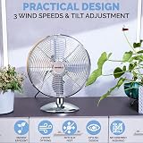 Senelux 12 Inch Chrome Desk Fan 3 Speed Oscillating Quiet Operation view 5