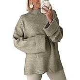 Antnation Oversized Womens Knit Sweater Cozy Ribbed Turtleneck Pullover with Side Slits