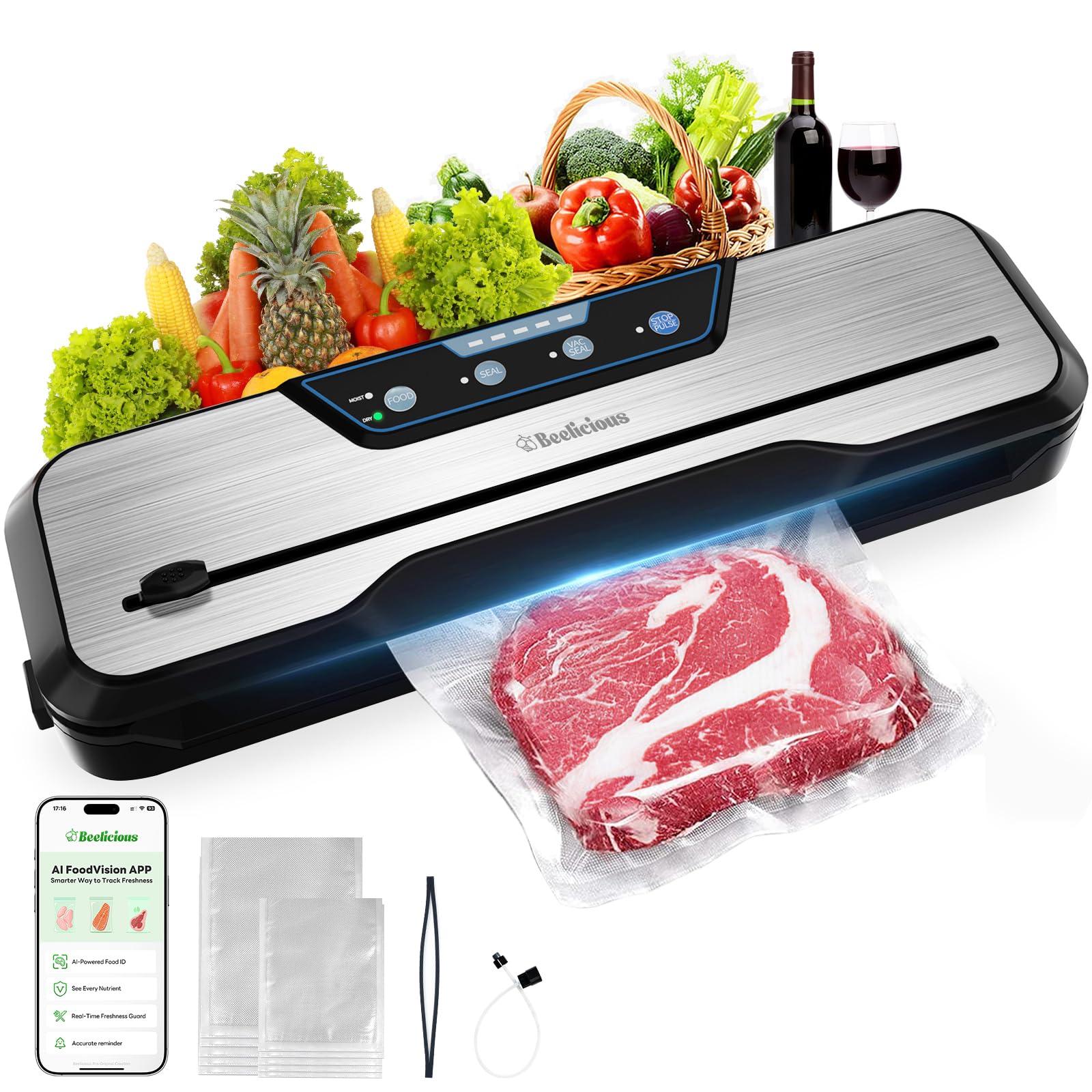 Photo 1 of Automatic Food Vacuum Sealer Machine, Beelicious 8-In-1 Food Vacuum Saver with Starter Kits, Pulse Function, Moist & Dry Mode and External VAC for Jars and Containers, Stainless Steel