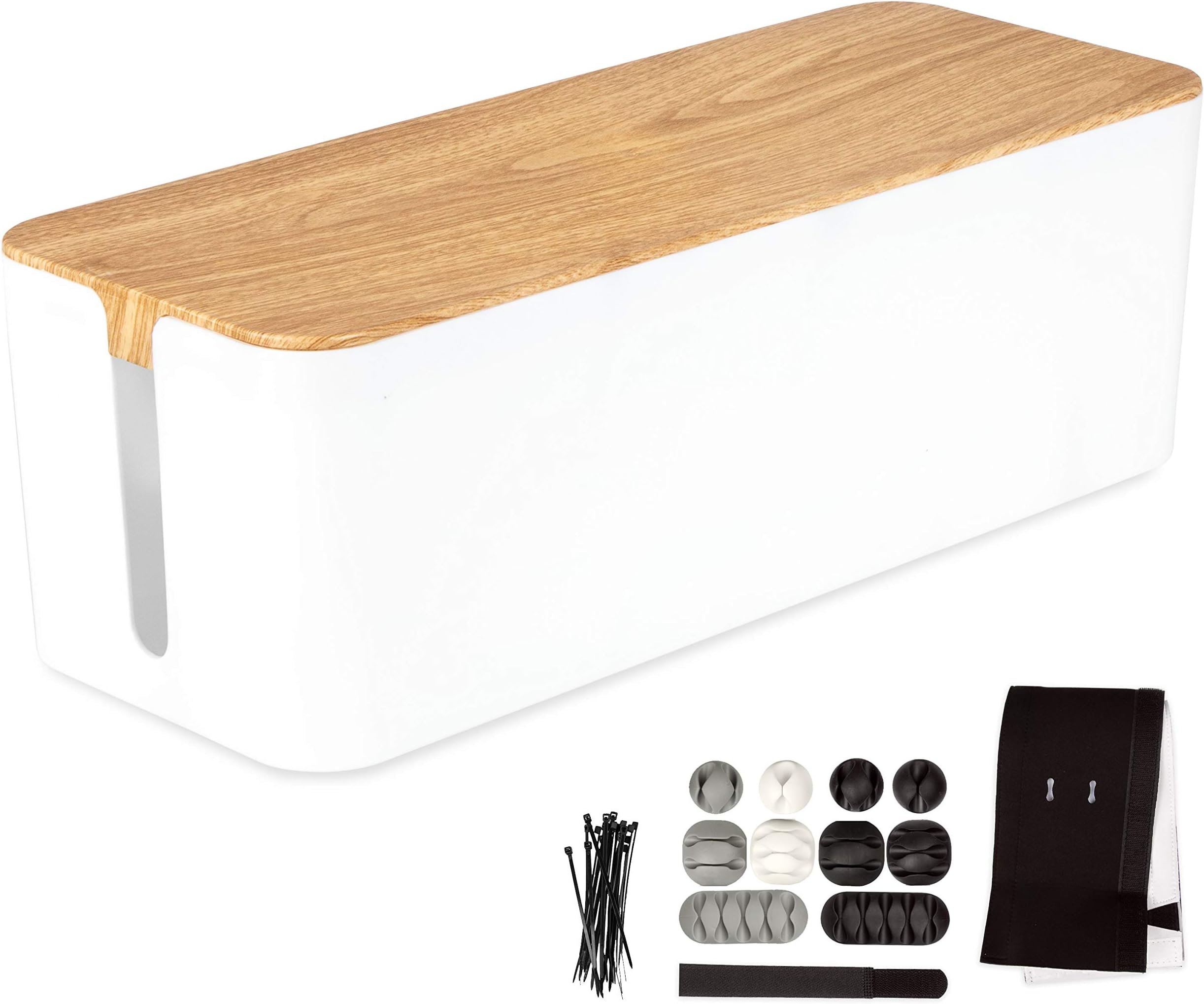 Iron Forge Cable Large Cable Management Box - White Cord Organizer and Hider for Wires, Power Strips, Surge Protectors & More - Includes Cable Sleeve, Hook and Loop Keepers, Zip Ties & Clips