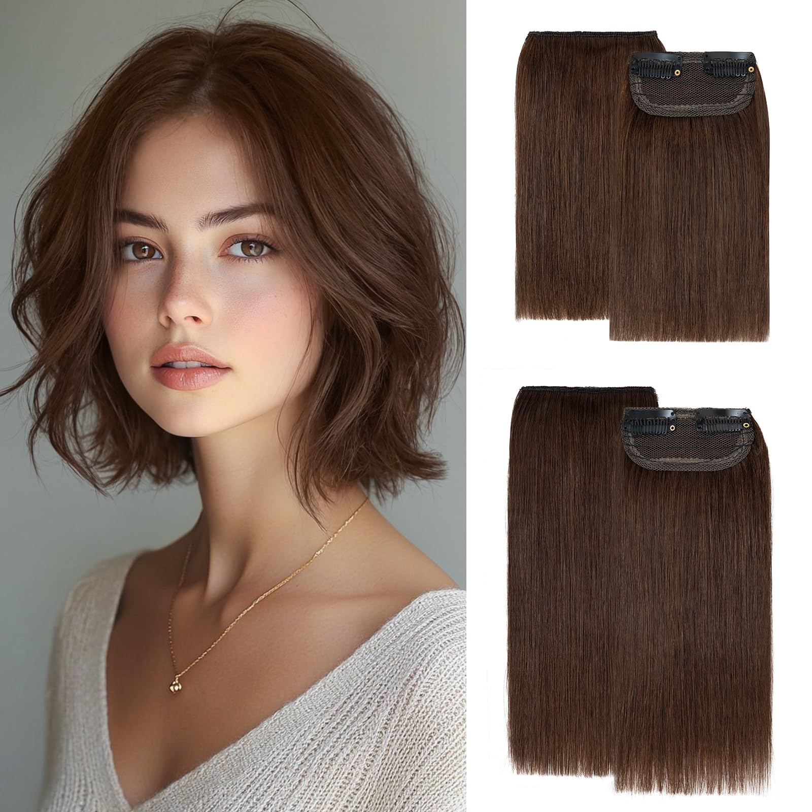 Photo 1 of Clip in Short Hair Extensions Real Human Hair,Prokyvity Invisible Human Hair Clip in Extensions Short,(6inch&8inch)4 pieces Mini Extensions for volume or highligh,Meduim Brown