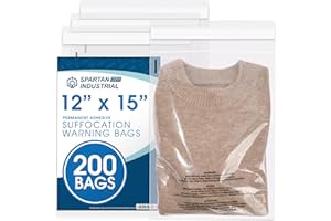 Spartan Industrial - 12” X 15” (200 Count) Self Seal Clear Poly Bags with Suffocation Warning for Packaging, T-Shirts & Clothing - Permanent Adhesive