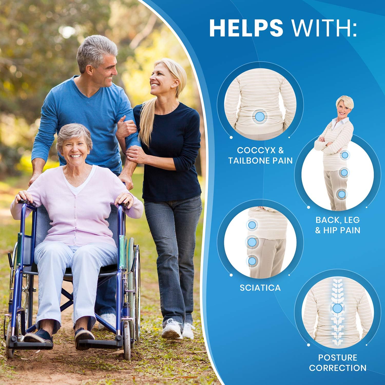 Everlasting Comfort Pure Memory Foam Wheelchair Seat Cushion - Gel Infused and Ventilated - Designed for Hip and Tailbone Pain - Fits Office Chairs - Sciatica and Back Pain Relief: Home & Kitchen