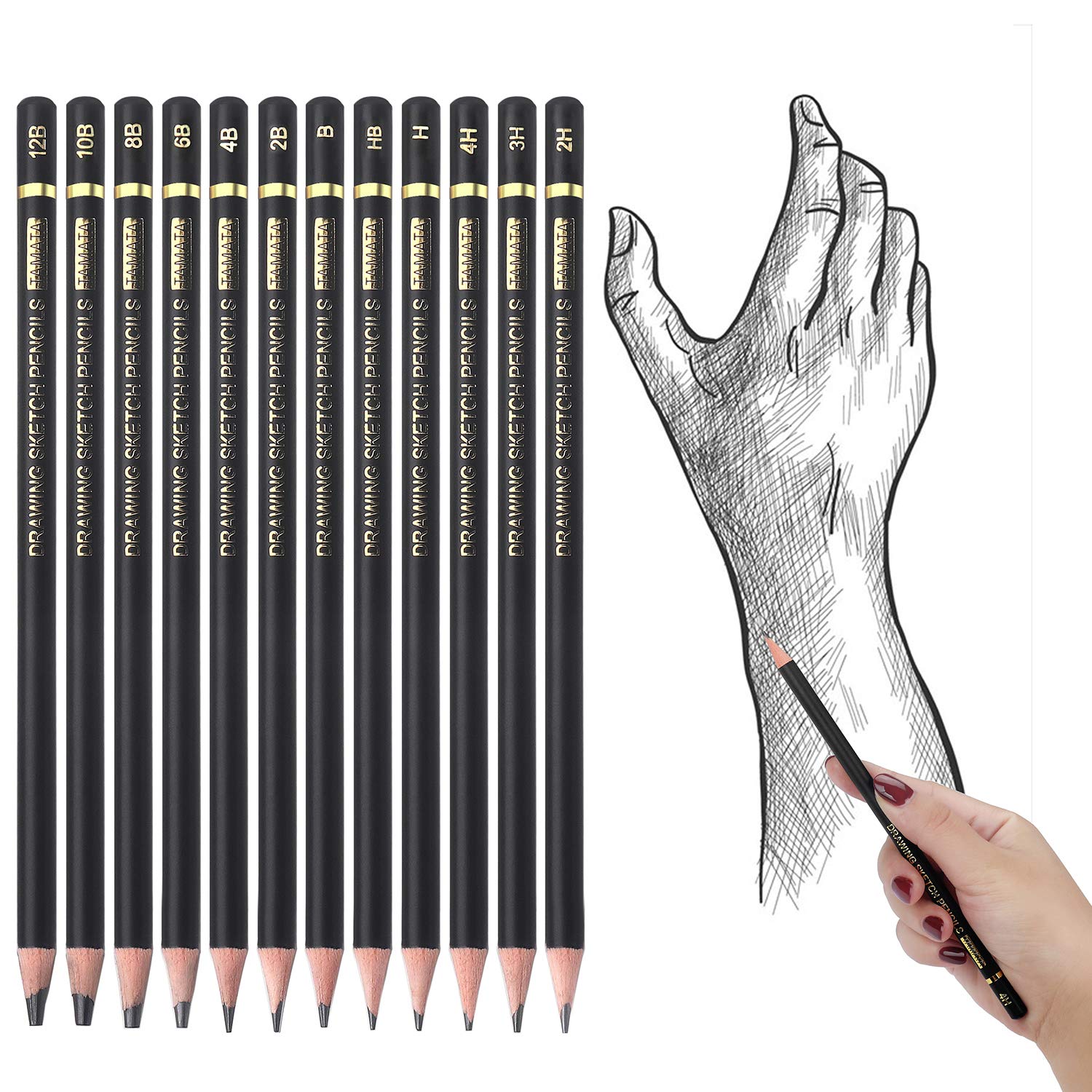 RVOGJP TAMATA Professional Drawing Sketching Pencil Set - 12 Pieces Art Graphite Pencils(12B - 4H), Ideal for Drawing Art, Sketching, Shading, for Beginners & Pro Artists
