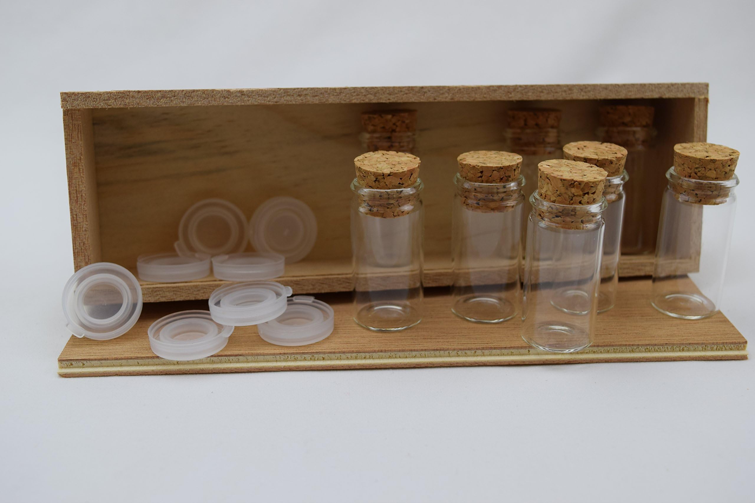Be4To® spice jars, 8 pieces, 10 ml, mini sample jars, in a handmade wooden slider box with cork plug + plastic cover