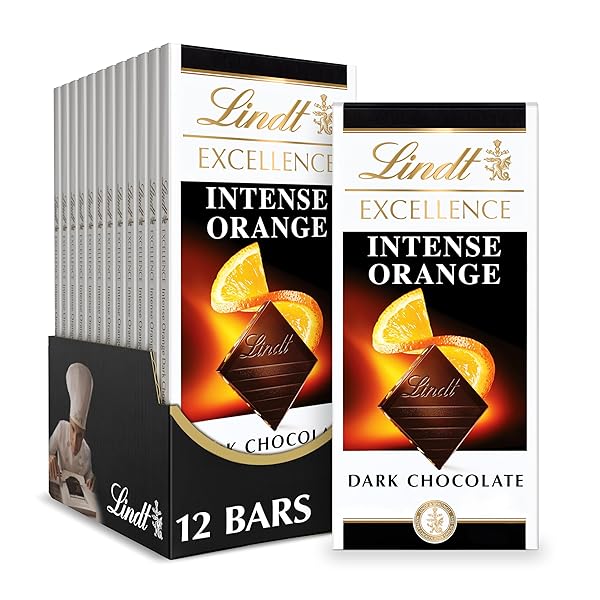 LINDT EXCELLENCE INTENSE ORANGE DARK CHOCOLATE BAR, DARK CHOCOLATE CANDY WITH ORANGE AND ALMOND SLIVERS, 3.5 OZ. (12 PACK)