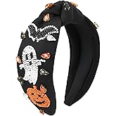 Gmmidea Halloween Jeweled Headbands for Women Girls Beaded Pumpkin Ghost Bat Headband Sparkly Rhinestone Knotted Headband Cut
