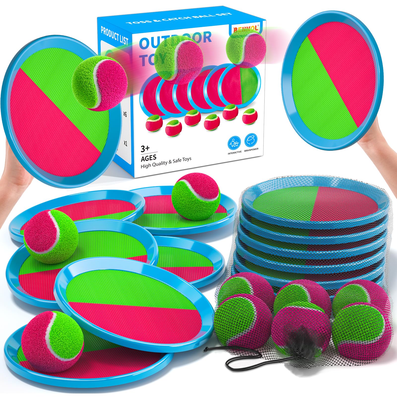 Bennol Toss and Catch Ball Game Outdoor Toys for Kids Ages 3+, Ball Catch Games with 6 Paddles 6 Sticky Balls, Yard Games Beach Toys for Kids Adults…