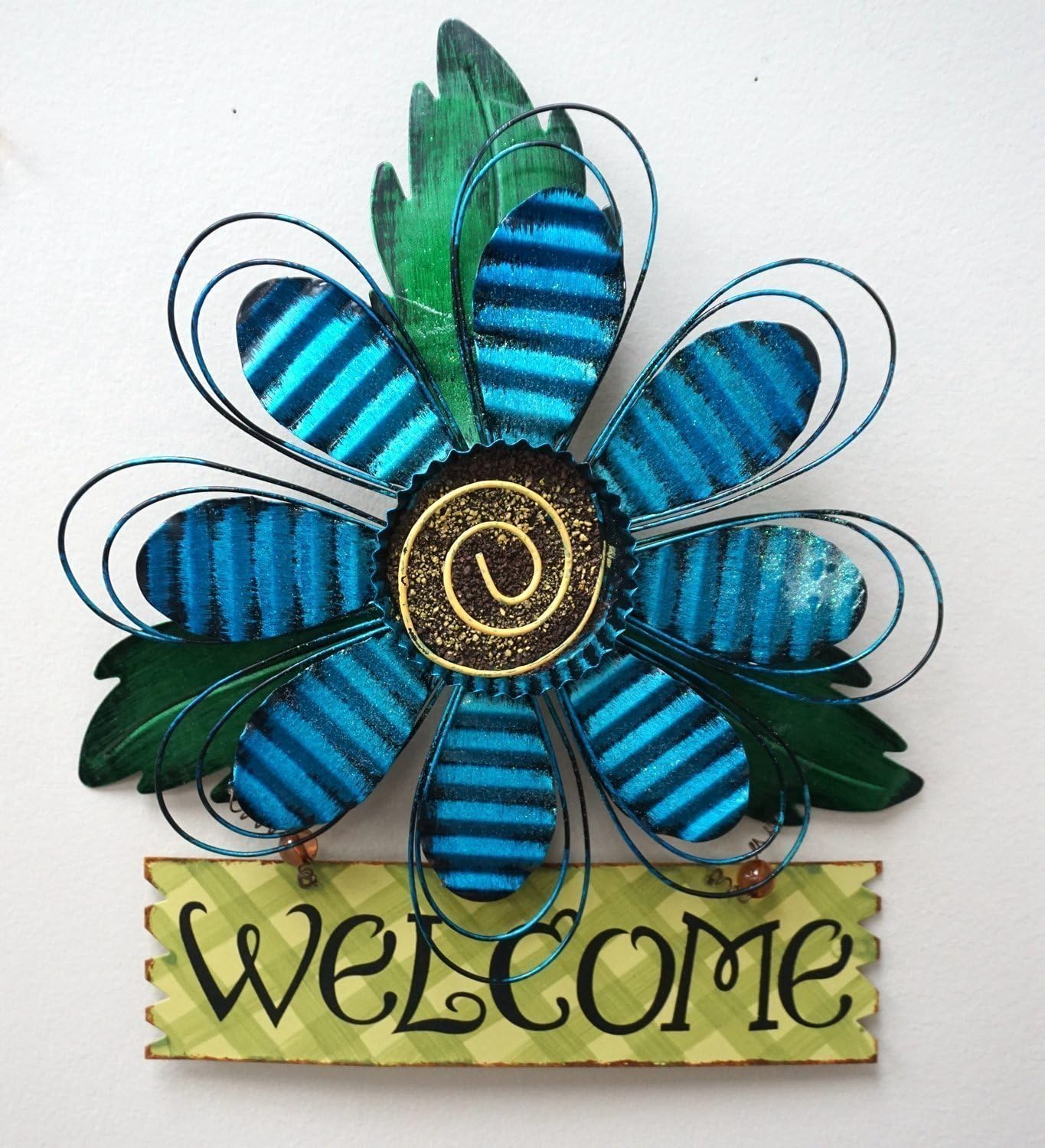 ACCENTHOME Metal Hanging Sunflower Welcome Wall Art Yard Art Outdoor Patio Fence Decor Door Decor (Blue)