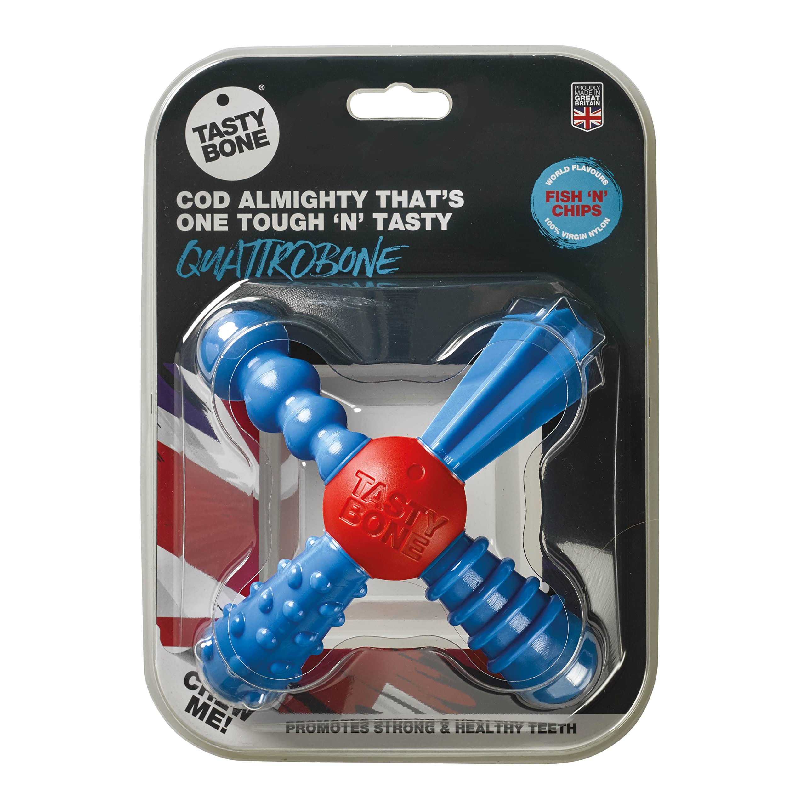 TastyBone QuattroBone Nylon Dog Chew Toy for Small Dogs (Fish & Chips) - Indestructible for Aggressive Chewers, Everlasting Flavour, Strong Healthy Teeth, Made in the UK