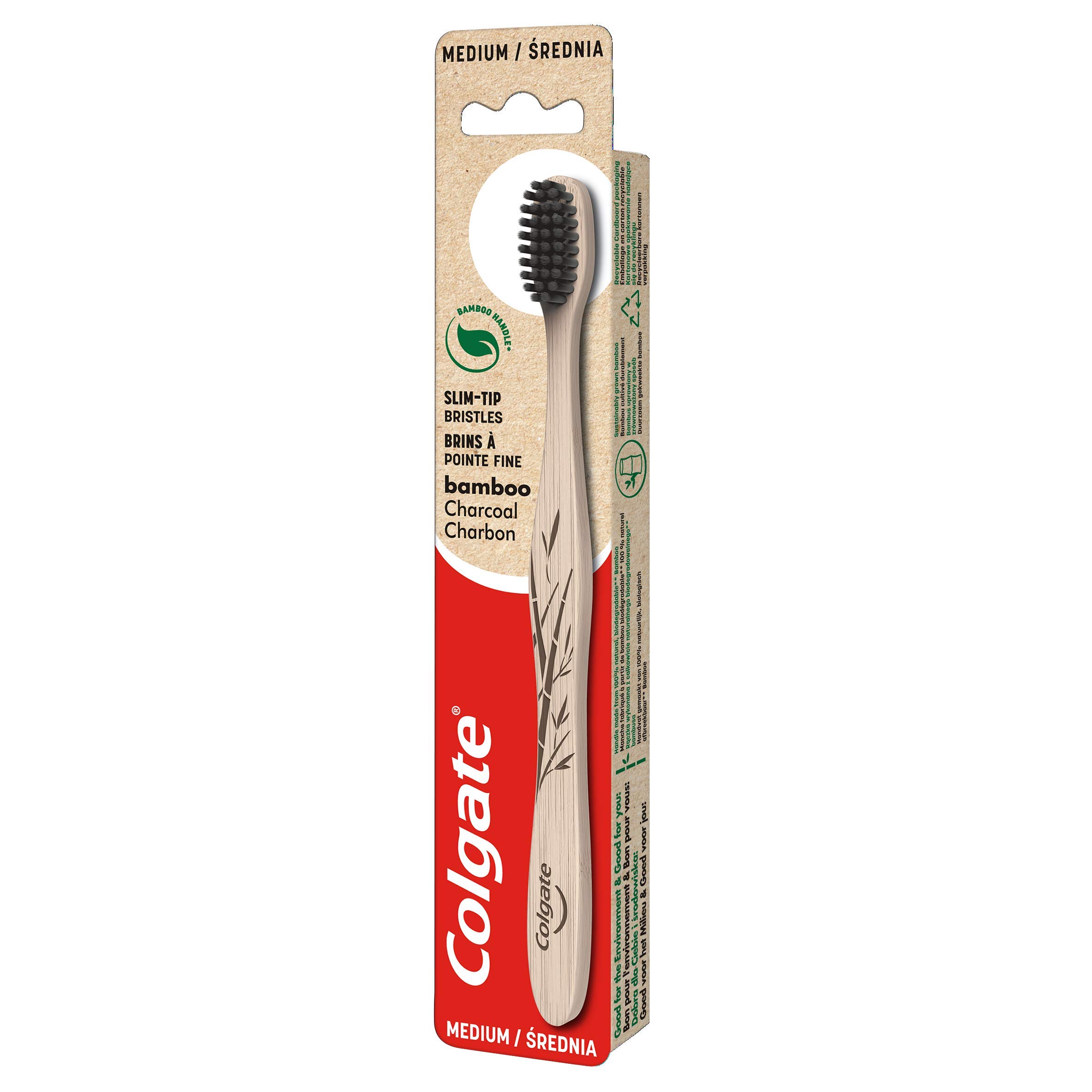 COLGATE - Bamboo Toothbrush with Charcoal Infused Strands - Medium Toothbrush - Handle Made from Biodegradable Bamboo, 100% Natural - Promotes Good Oral Health