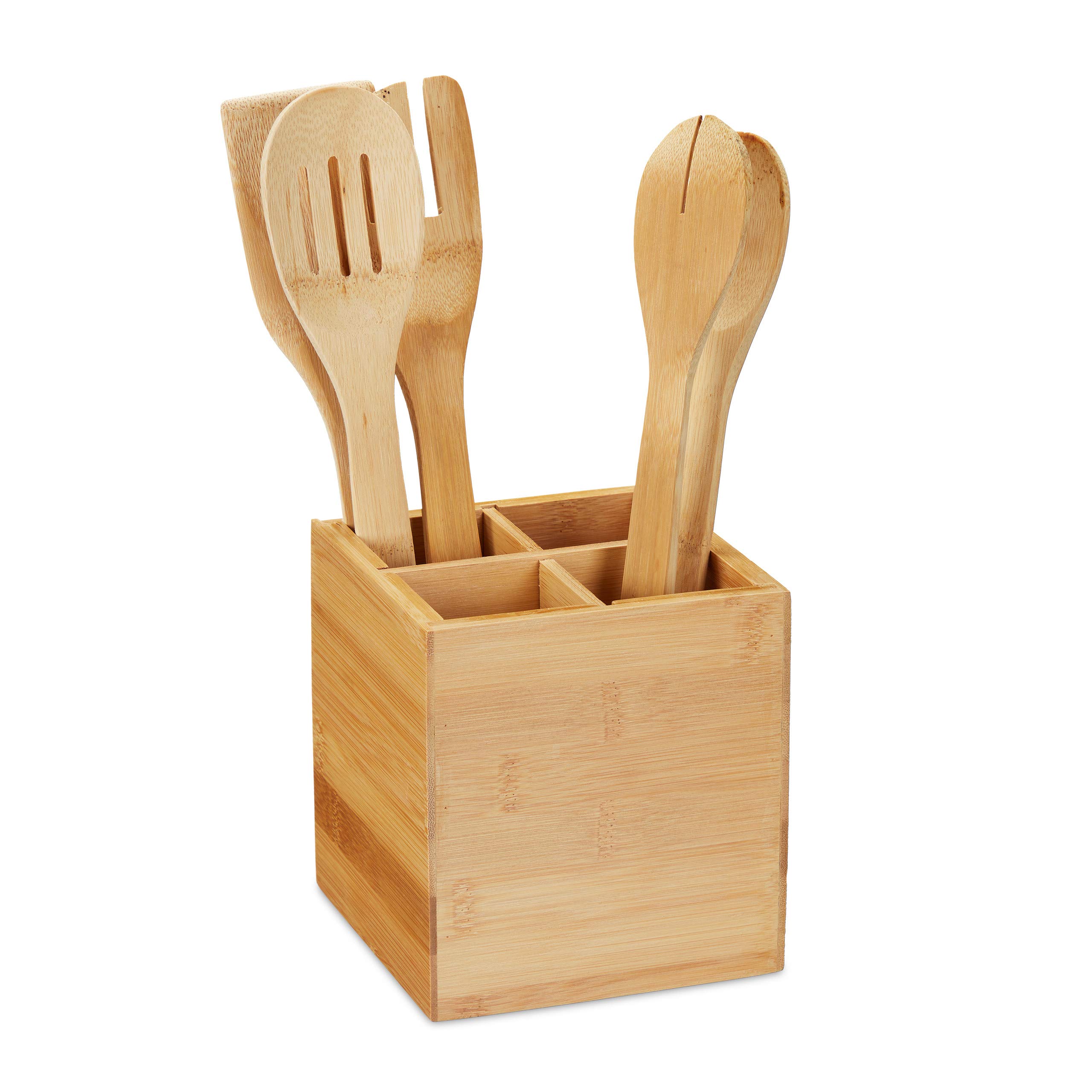 Relaxdays Cutlery Rack, 4 Compartments, Removable Divider, Bamboo Box, Stationary, HxWxD: 14.5 x 13.5 x 13.5 cm, Natural