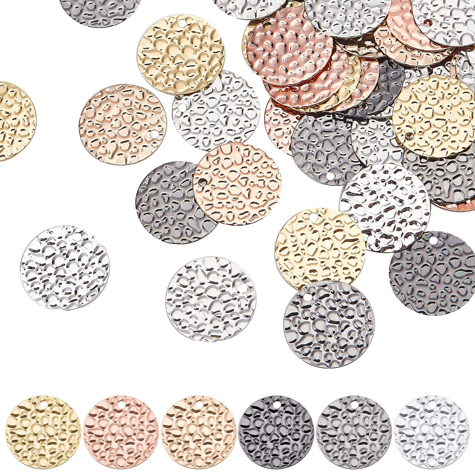 FINGERINSPIRE 60 Pcs 6 Colors Flat Round Charm 13mm Coin Charms with Droplet Embossing Stamping Blanks Charms Brass Round Tag Pendants Flat Textured Pendants for Earring Necklace Jewelry DIY Making