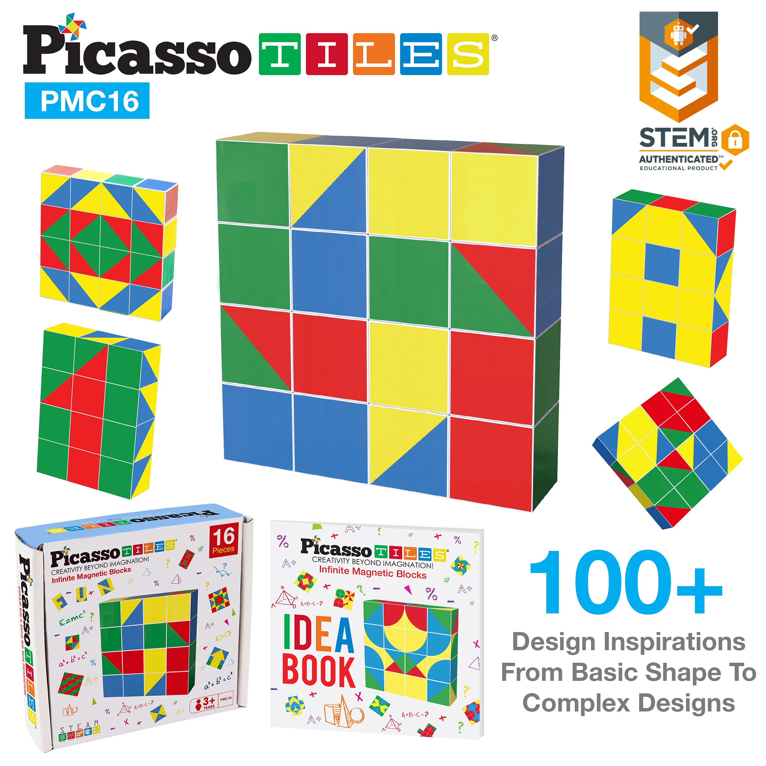 Picasso Cubes 16 Piece Magnetic Puzzle Game Magic Cube Puzzles Brain Teaser Set Kids Toy Magnet Pattern Block Matching Toys with Free Ideabook 100+ Inspirations Included STEM Learning Early Education