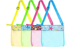 BRMDT Beach Bags Seashell Bags for Kids, 8.7" Mesh Shell Collecting Bag for Picking up Shells, Sand Toys, Pool and Beach Swimming Accessories-Colorful, Adjustable Strap & Lockable 4 Pack