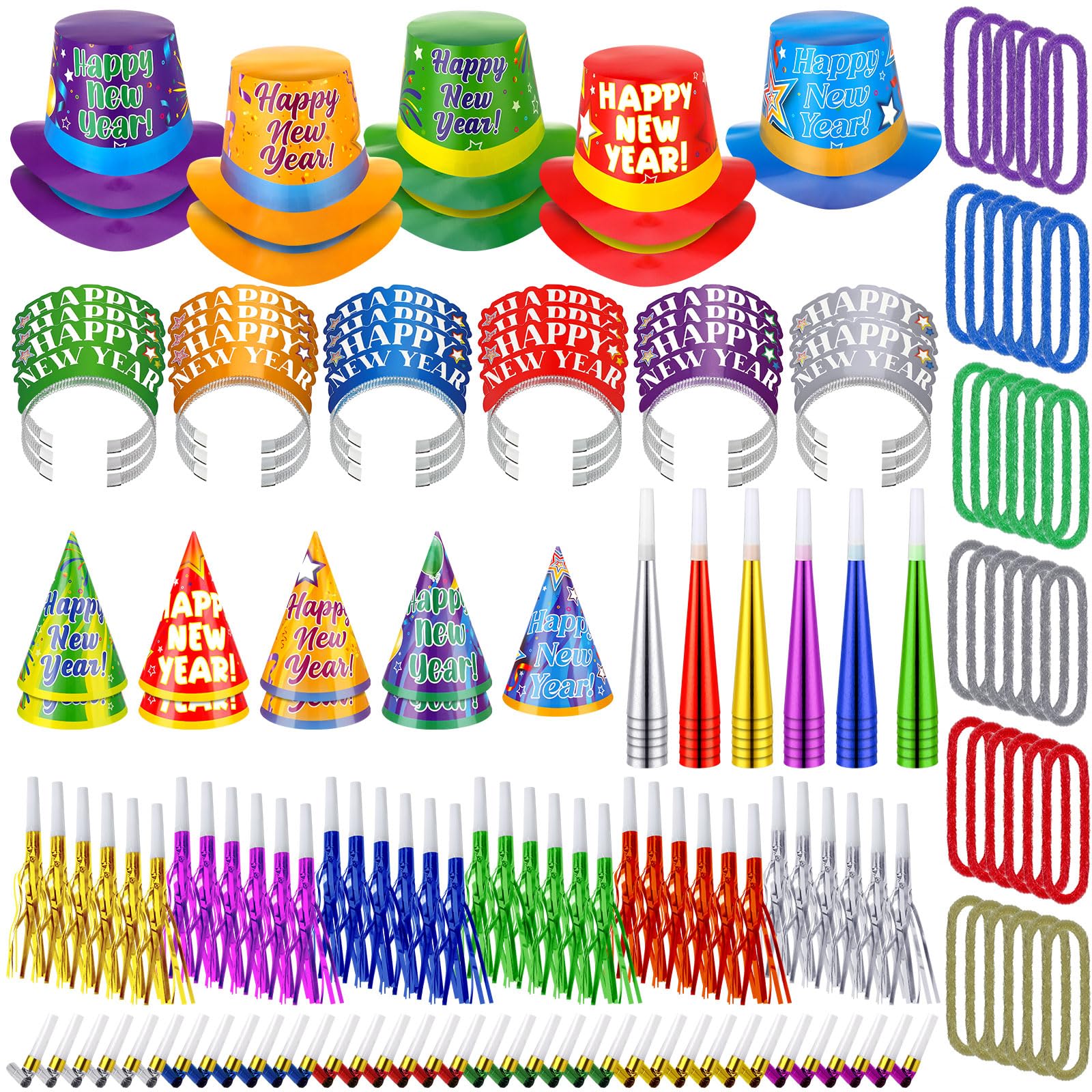 Photo 1 of *MINOR DAMAGE - USED*
Syhood 180 Pcs 2026 New Years Eve Party Supplies Colorful Party Favor Kits Includes Cone Hats Noise Maker Horns Leis Headband Blowers Celebration for Happy New Year Accessories Decoration Gift