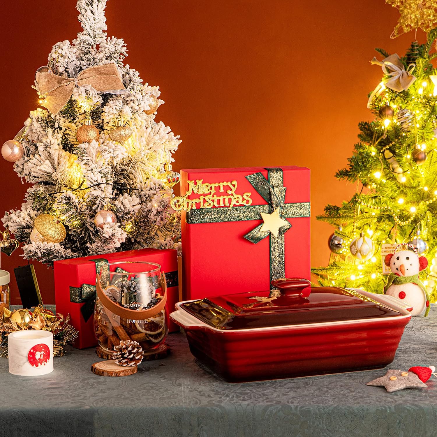 LOVECASA 4.5 Quart Ceramic Casserole Dish with Lid, 9x13 Baking Dish for Oven, Lasagna Pan Deep with Handles, Stoneware Bakeware, Oven & Dishwasher Safe, Gradient Red