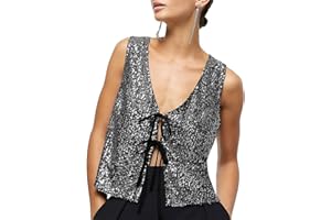 Imily Bela Womens Sequin Vest Sleeveless V Neck Tie Front Sparkly Party Waistcoat
