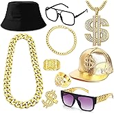 MOZAKA 80s 90s Rapper Costume Kit for Men Hip Hop Accessories Fake Golden Chain Money Sign Necklace Rapper Costume Jewelry