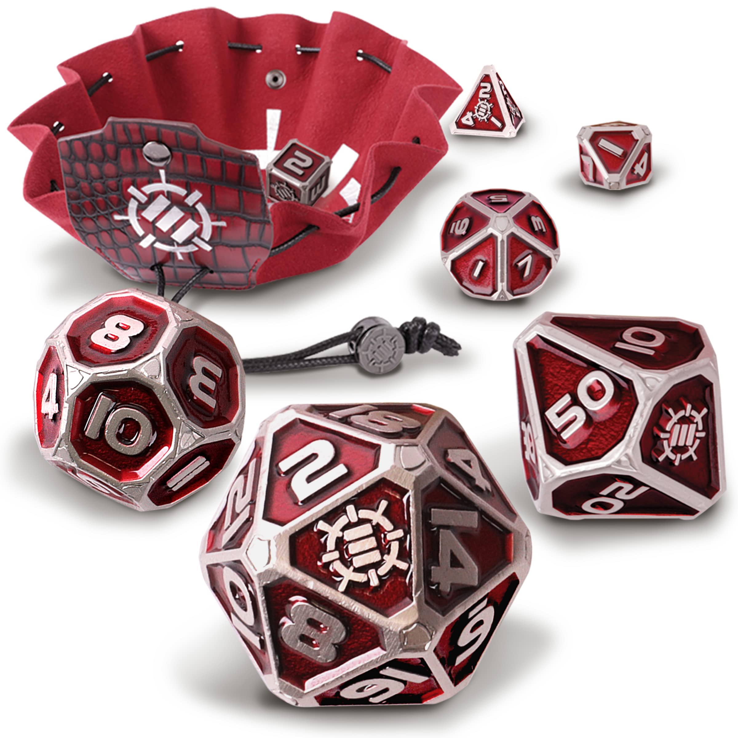 ENHANCE DnD Metal Dice Set - 7pc Polyhedral Dice with 2-in-1 Vegan Leather Bag and Tray, Solid Metal Set for Dungeons and Dragons, Pathfinder, more RPGs (Collector's Edition Red)