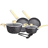 Insiya Granite/Marble Coated Aluminium Non Stick 8 Pcs Premium Cookware Set Black, Pans and Pots Set with Glass Lids,Dishwasher Safe and Induction Bottom