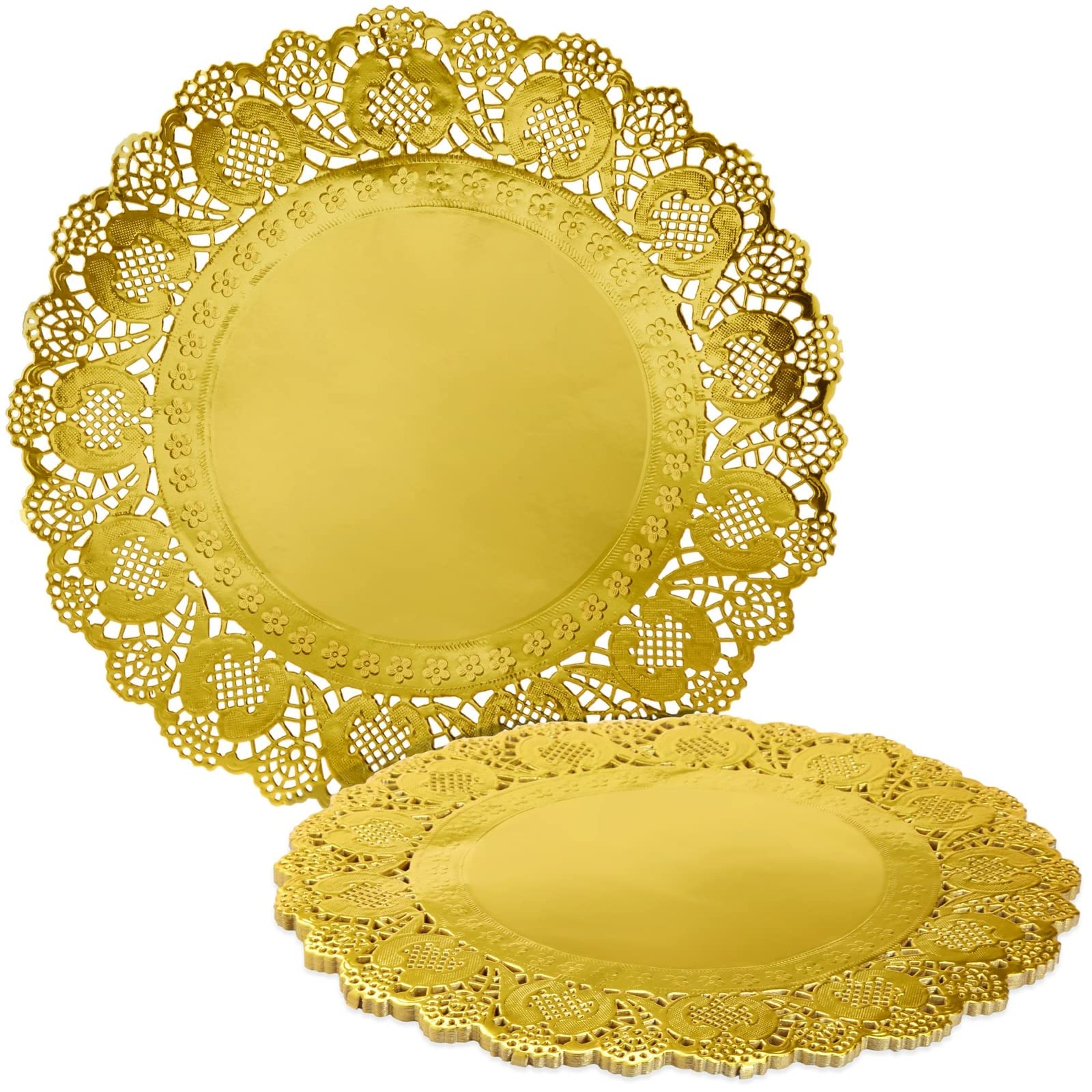 Photo 1 of Juvale Round Gold Lace Paper Charger Plates - 12-Inch, Gold, Pack of 60 - Table & Disposable Round Paper Placemats - Doilies for Tables & Party Decor