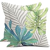 Teal Green Gray Tropical Leaves Pillow Covers 18X18 Inch Monstera Palm Leaf Plants Decorative Cotton Linen Summer Botanical Pillow Cases Set of 2 Farmhouse Home Decor For Sofa Couch Cushion Outdoor