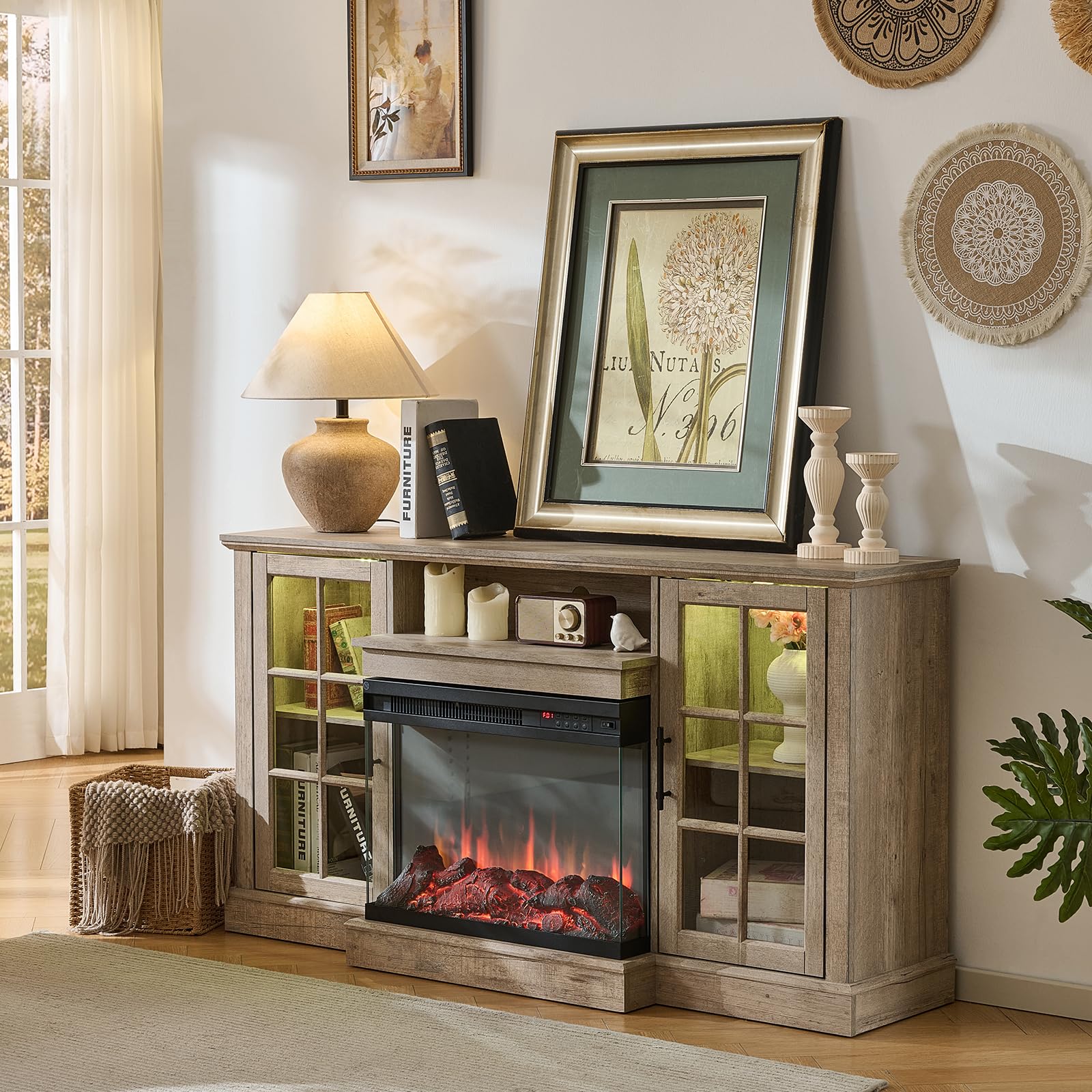 Photo 1 of **INCOMPLETE** ROCKPOINT 3 Sided Glass 59" Fireplace TV Stand for TVs up to 65inch, Media Entertainment Center with Glass Door Storage Cabinet,24" Electric Fireplace with LED Light and Flame Colors,Grey