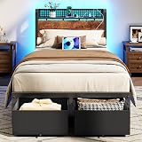 Furnulem Twin Bed Frame with 2 Storage Drawers & Charging Station, Twin Platform Bed Frame with Headboard & LED Lights, No Box Spring Needed, All in One, Easy to Install, Noise Free (800 lbs Capacity)