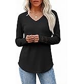 AGSEEM Women's Casual V Neck Long Sleeve Waffle Knit Textured Lace Hollow Out Shirts Curve Hem Loose Tunic Tops Blouses