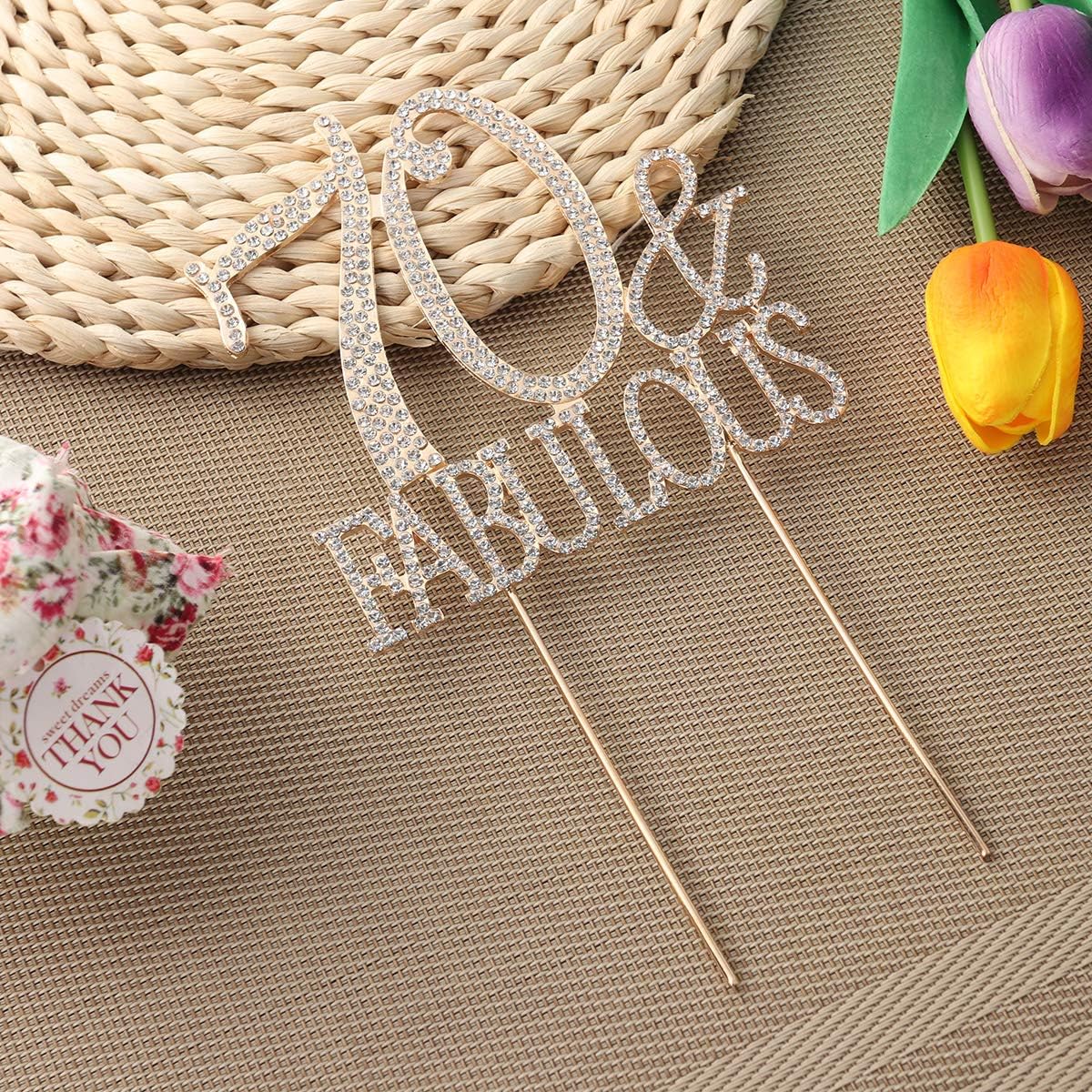 YeahiBaby 70 and Fabulous Cake Topper Sparkly Rhinestone Diamond Cupcake Toppers 70th Birthday Party Decorations for Wedding Anniversary (Golden),21.8 x 12.2 x 0.3cm - Image 5