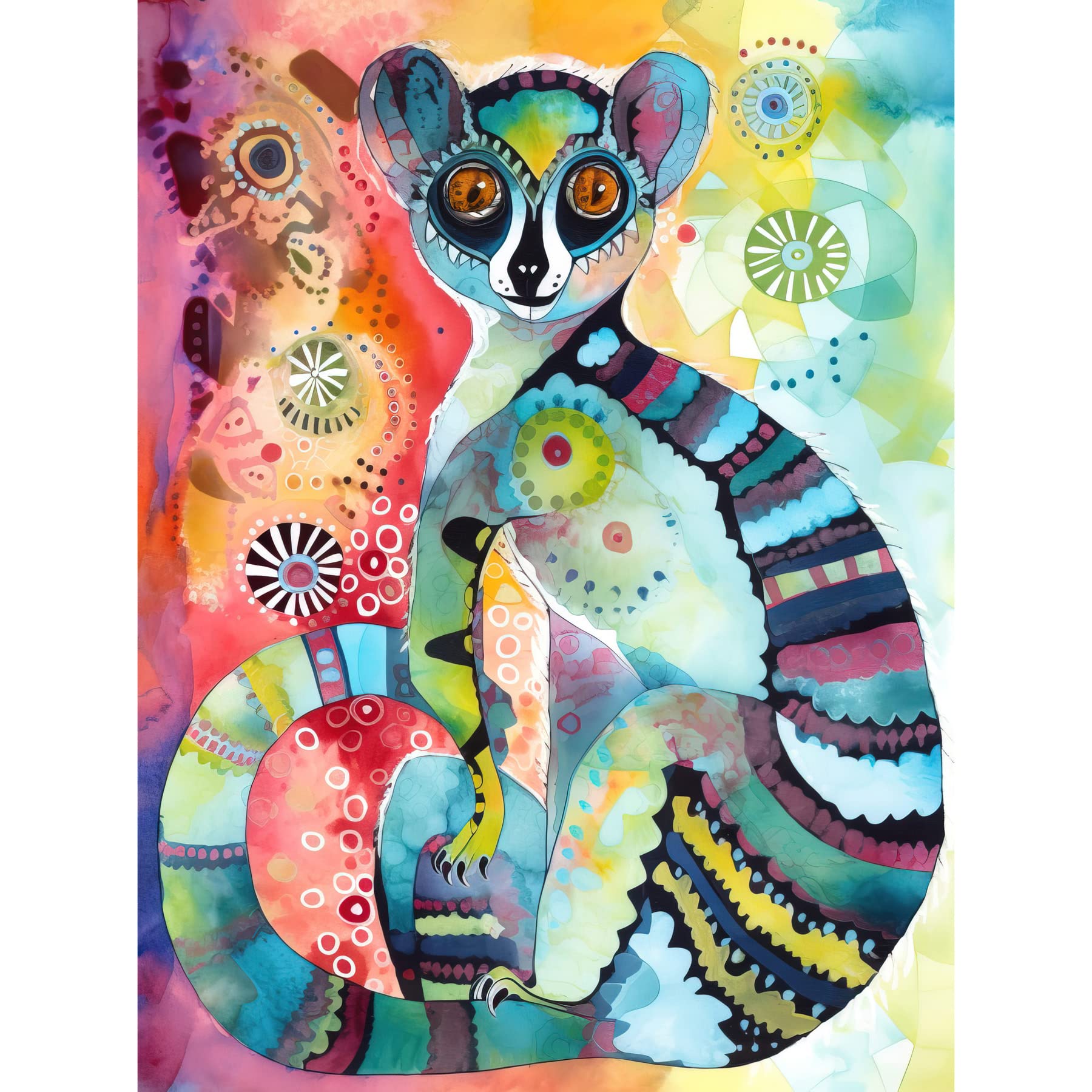 Artery8 Striped Ring-Tailed Lemur Multicoloured Folk Art Watercolour Painting Unframed Wall Art Print Poster Home Decor Premium