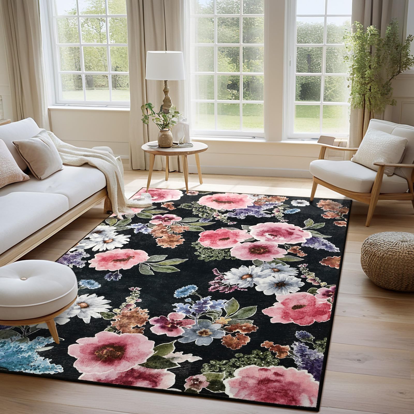 Photo 1 of Comeet Floral Washable Rug 4x6 Low Pile Bedroom Area Rug, Boho Medium Non Slip Soft Carpet for Living Room Rug, Indoor Stain Resistan Throw Rugs for Kids Girls Dining Room Nursery Black