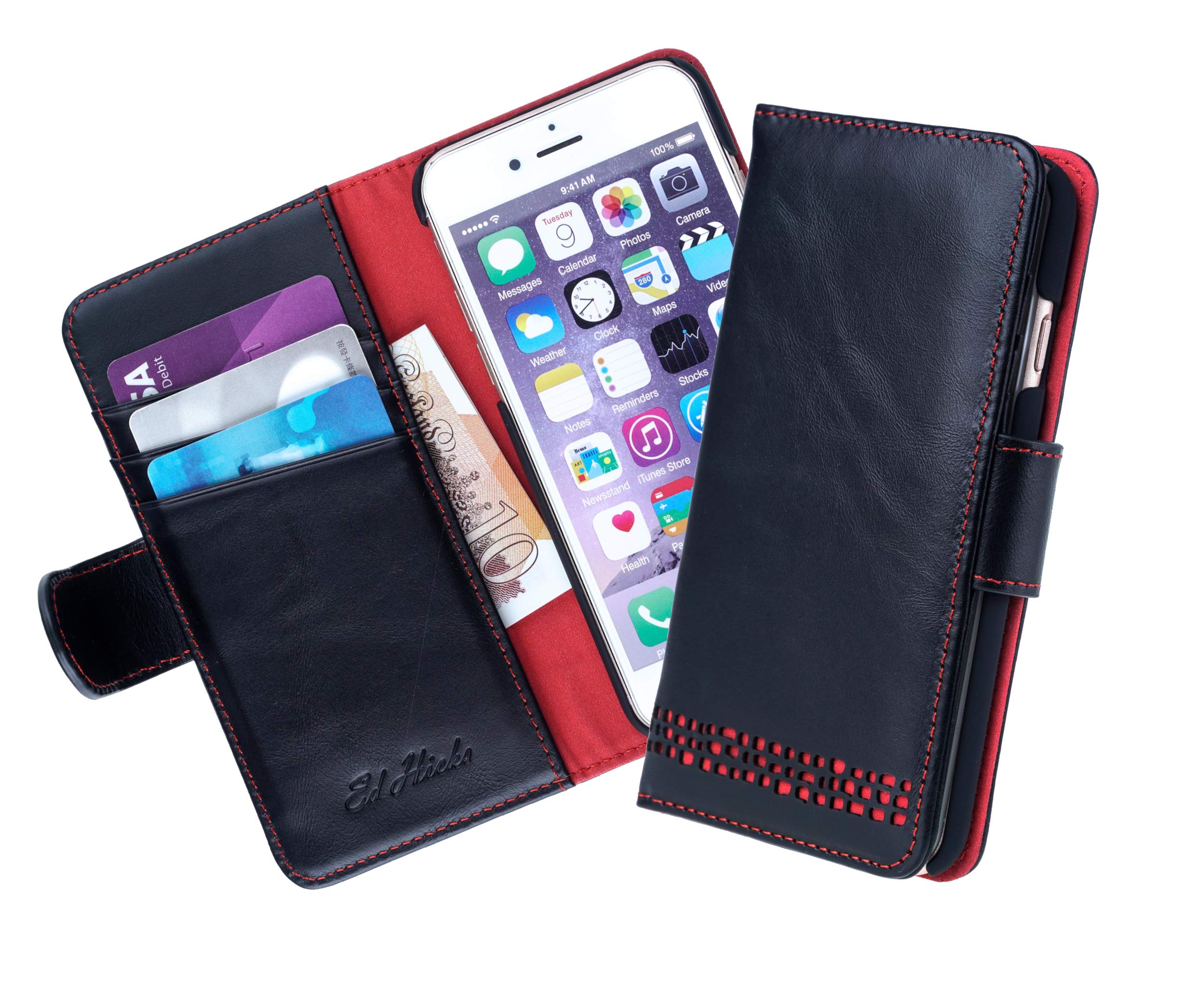 Ed Hicks iPhone 13 Wallet Case — Premium Genuine Leather — Shockproof Quad Protection — RFID Blocking — Kickstand — iPhone 13 Flip Case — 6.1" — Many Unique Features — Black Leather with Red Contrasts
