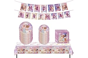 JEWUNO Pink Girl Robot Blocks Party Birthday Supplies, Robot Girls Game Party Tableware with Happy Birthday Banner, tablecloth, Disposable Paper Plates with Napkins for Kids Party Supplies Decorations