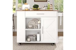 4 EVER WINNER Rolling Kitchen Island on Wheels with Storage, Kitchen Island Cart with Storage Cabinet, Spice Rack & Towel Rack & Drawer, Island Table for Kitchen with Open Shelves, White